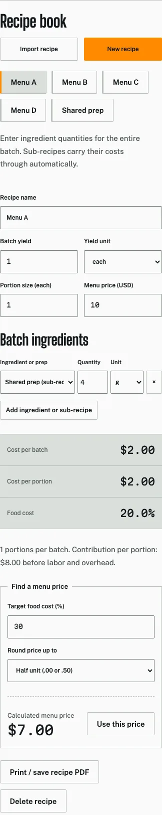 The mobile recipe editor costing a serving from a shared prep recipe.
