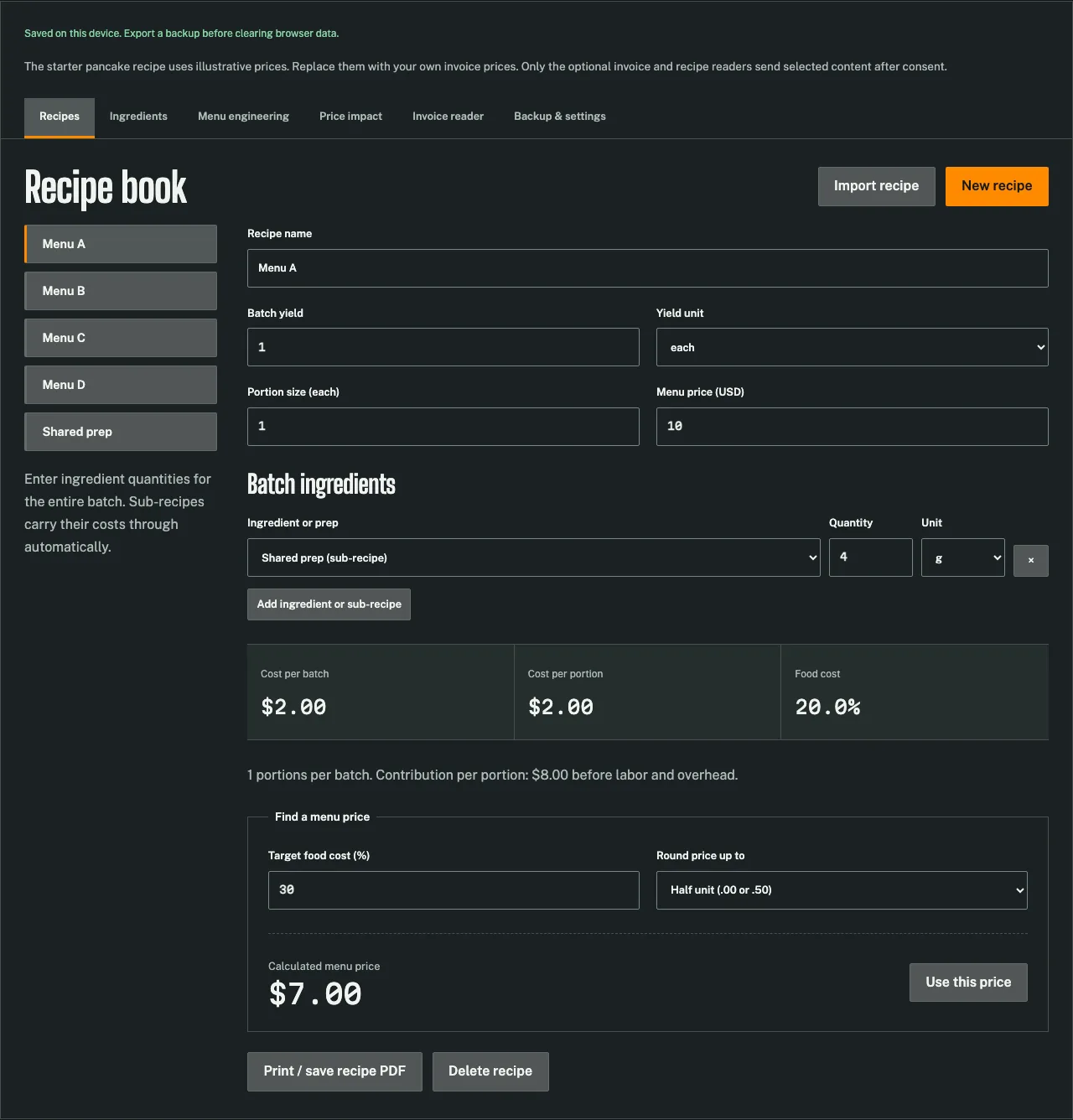 The costing app in dark mode with its saved status and Backup and settings tab.