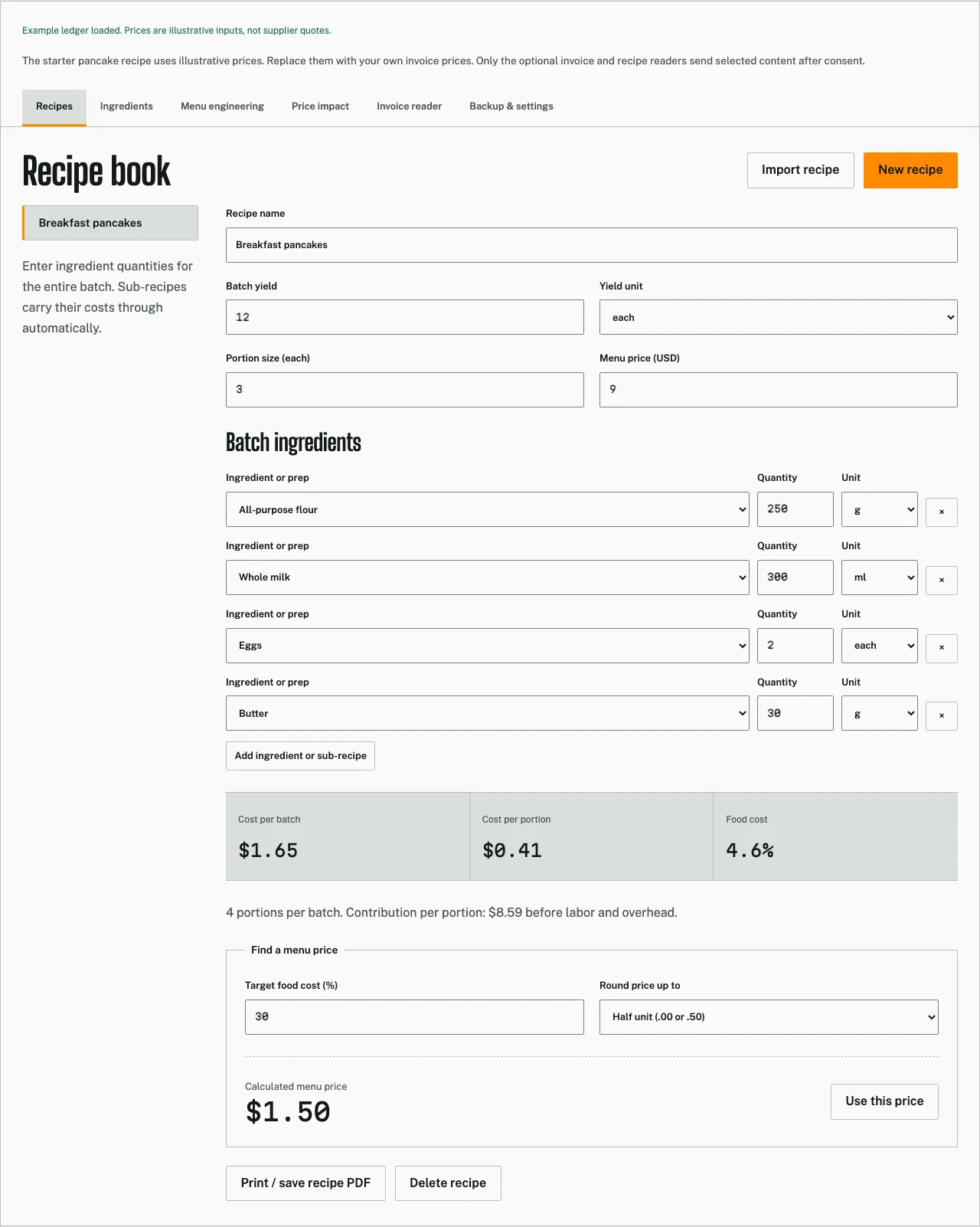 The recipe editor with batch yield, ingredient quantities, portion costs and price rounding.